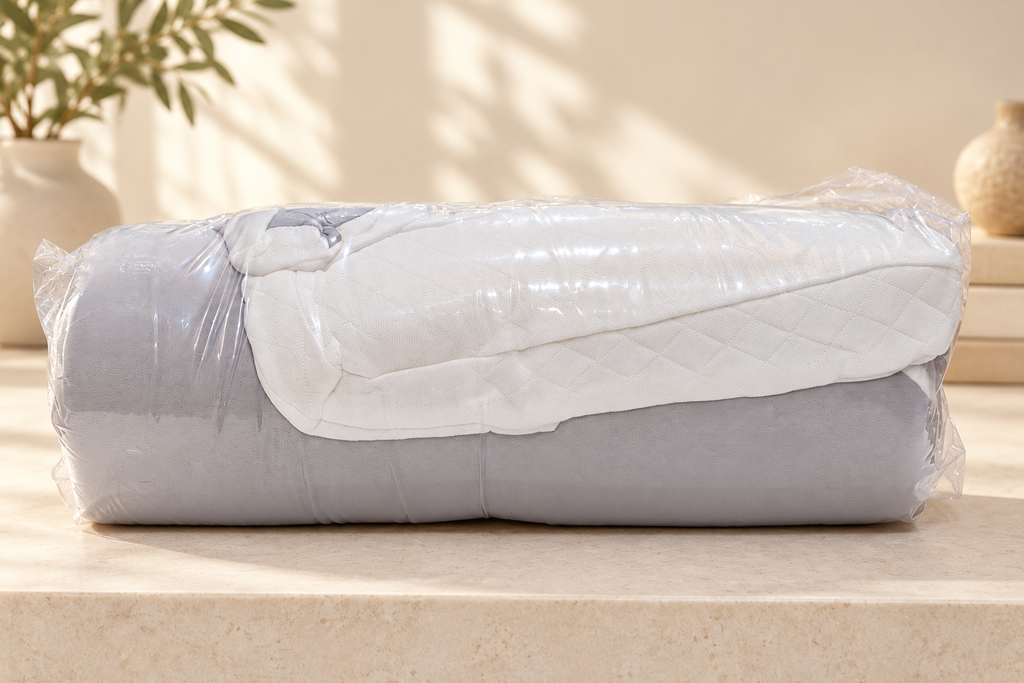 Almohada gris y blanca plegada y embalada. Fondo ambientado digitalmente a partir de la fotografía del producto.